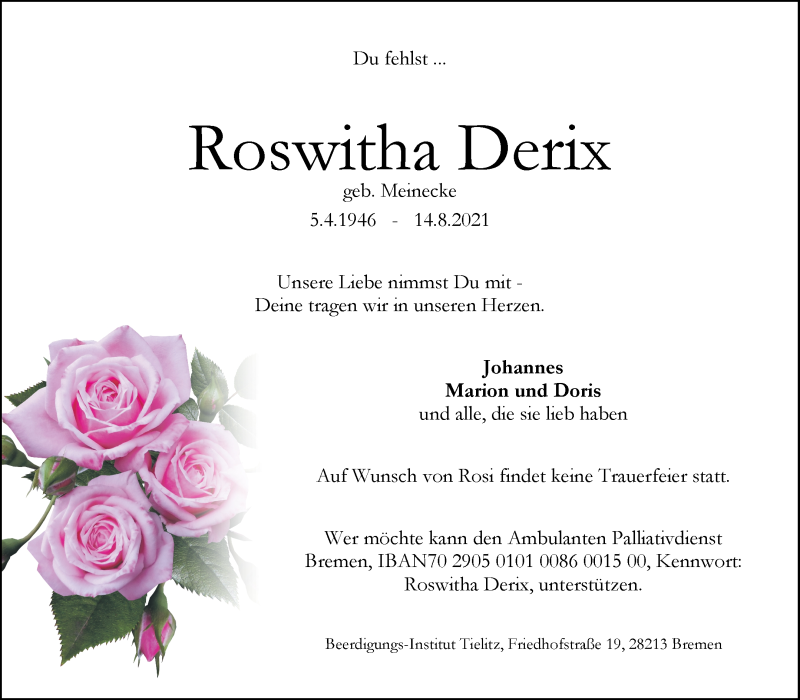 Traueranzeige von Roswitha Derix von WESER-KURIER
