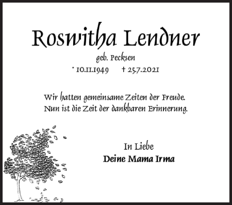 Traueranzeige von Roswitha Lendner von Die Norddeutsche