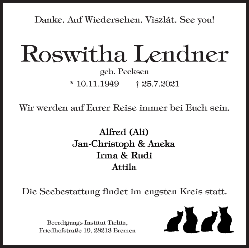Traueranzeige von Roswitha Lendner von WESER-KURIER