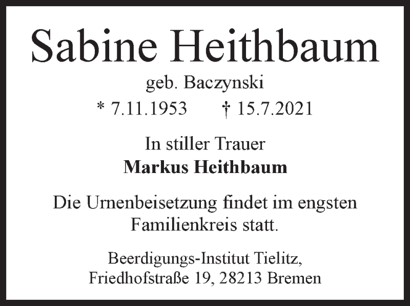 Traueranzeige von Sabine Heithbaum von WESER-KURIER