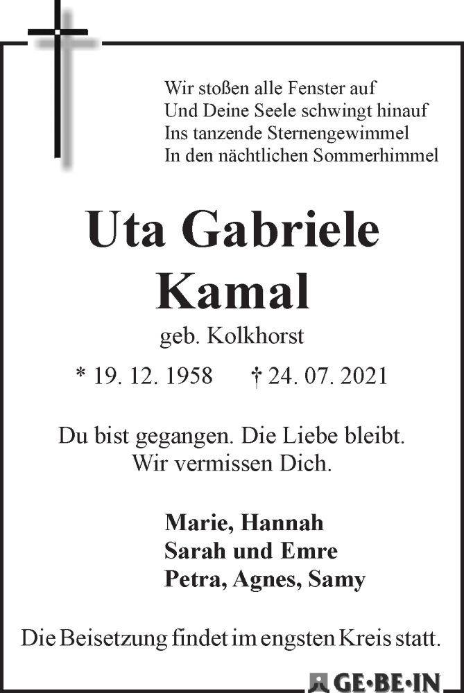 Traueranzeige von Uta Gabriele Kamal von WESER-KURIER