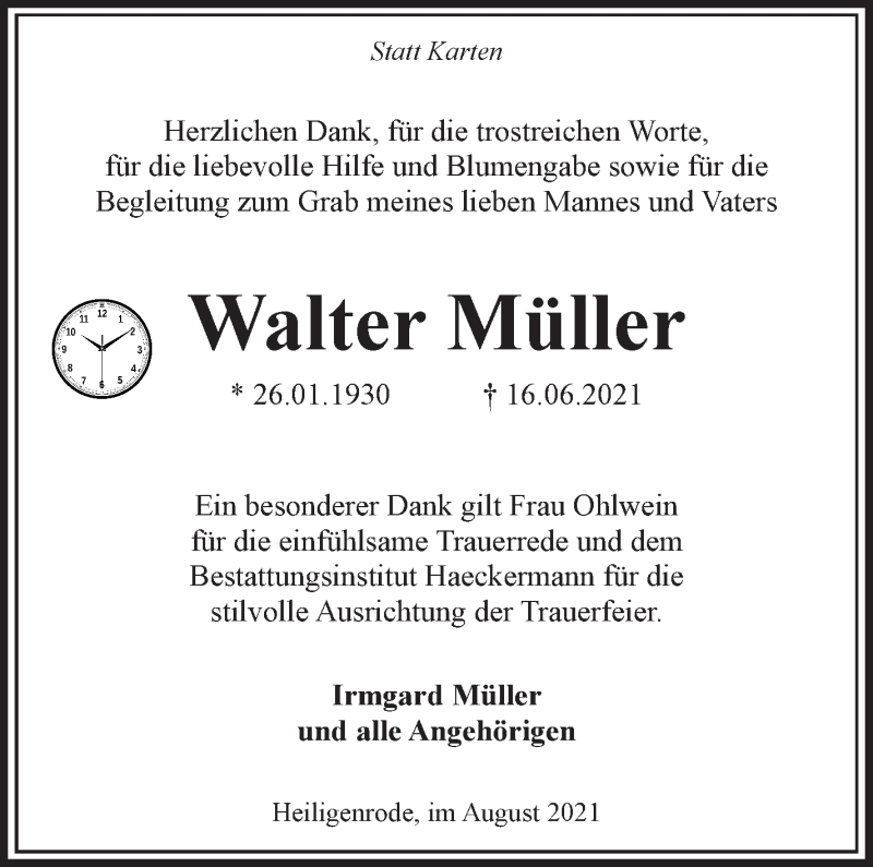 Traueranzeige von Walter Müller von WESER-KURIER