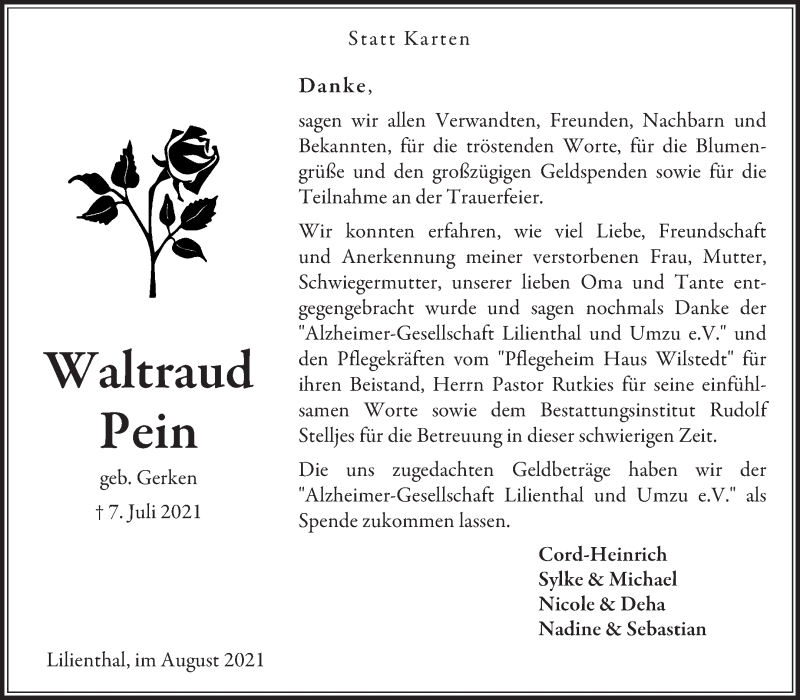 Traueranzeige von Waltraud Pein von Wuemme Zeitung