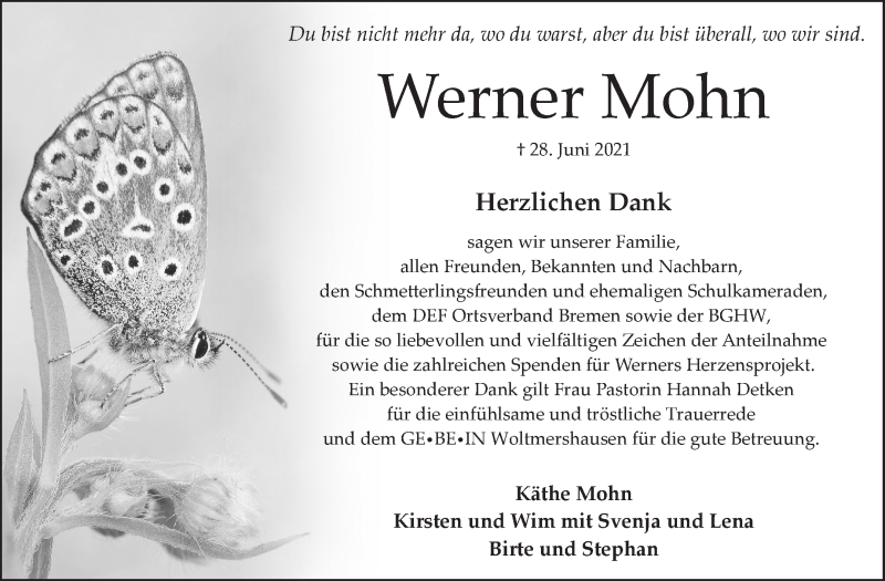 Traueranzeige von Werner Mohn von WESER-KURIER