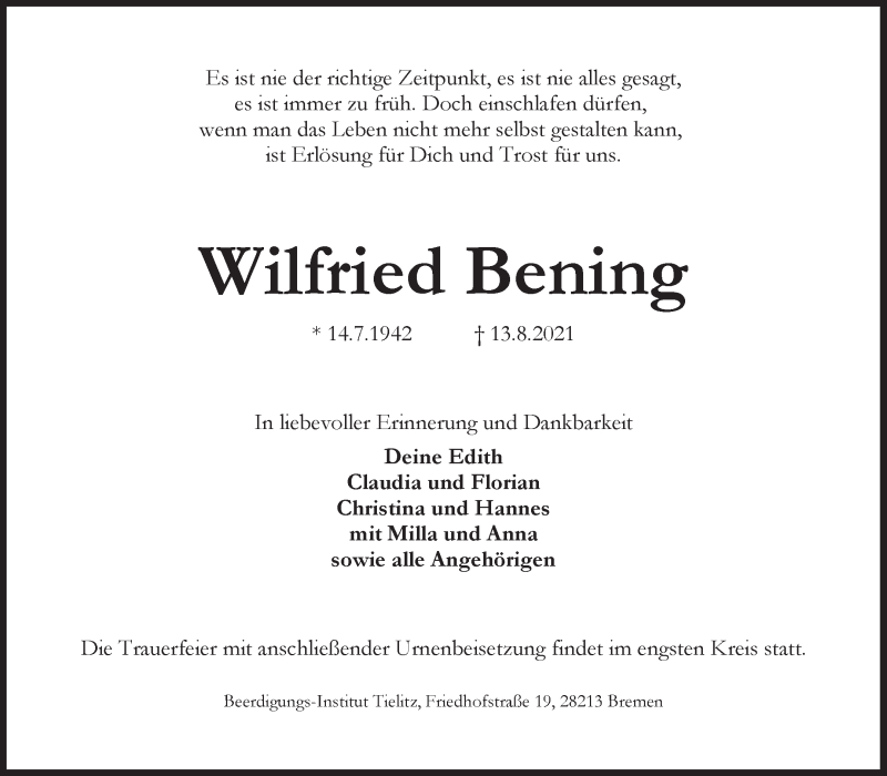 Traueranzeige von Wilfried Bening von WESER-KURIER