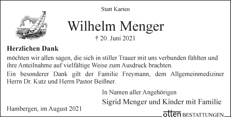 Traueranzeige von Wilhelm Menger von Osterholzer Kreisblatt
