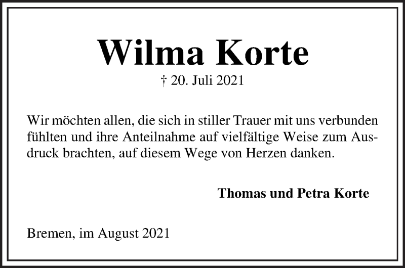 Traueranzeige von Wilma Korte von Die Norddeutsche