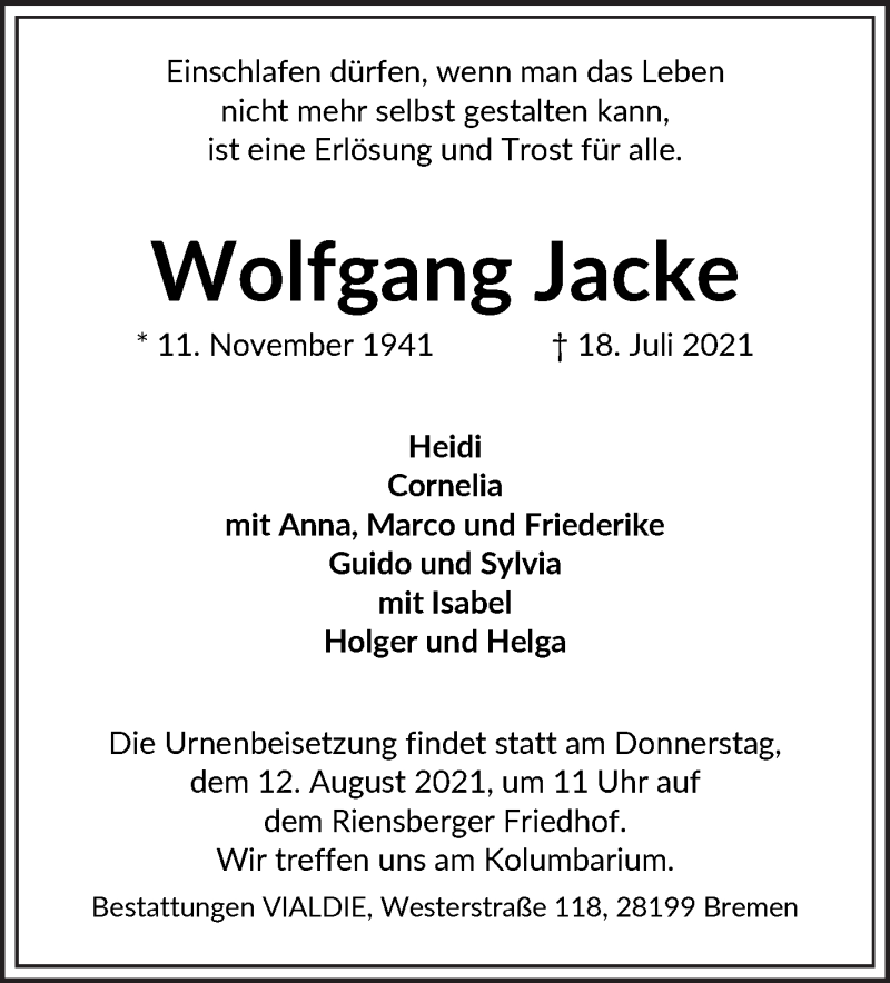 Traueranzeige von Wolfgang Jacke von WESER-KURIER