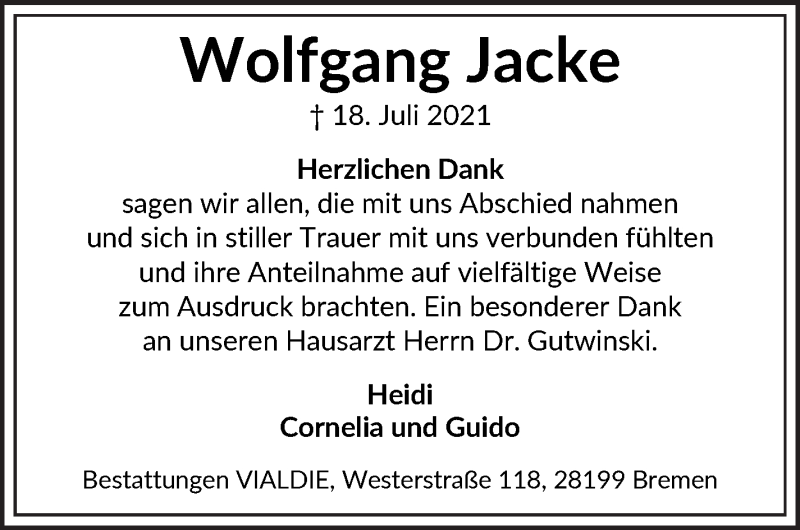Traueranzeige von Wolfgang Jacke von WESER-KURIER
