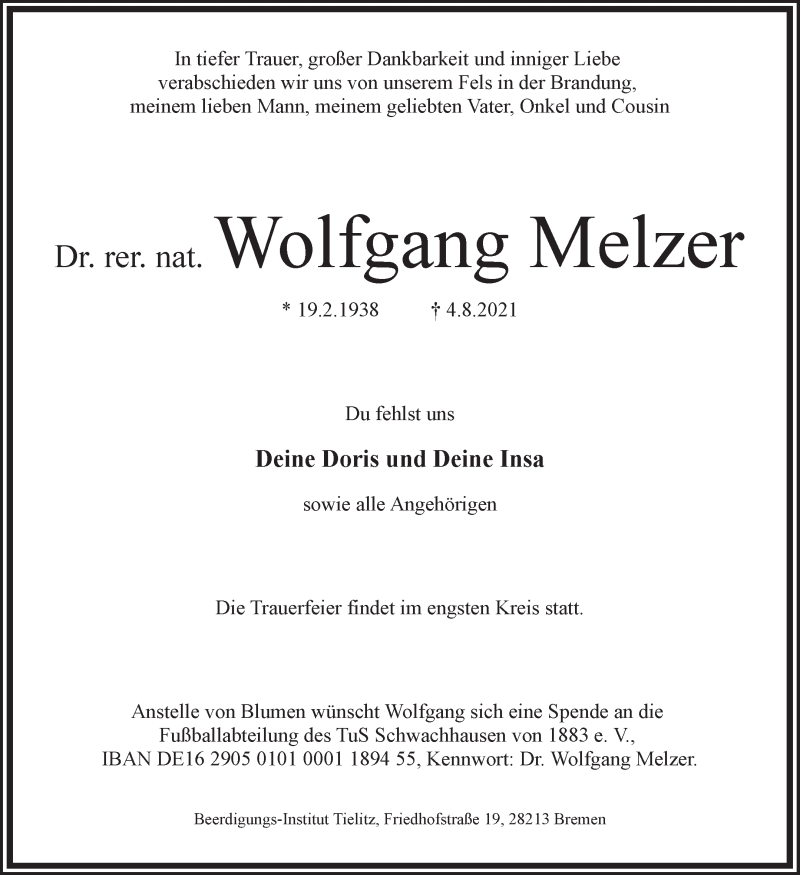 Traueranzeige von Wolfgang Melzer von WESER-KURIER