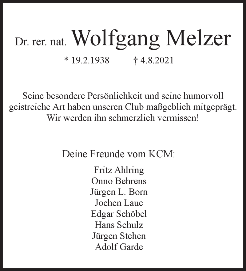 Traueranzeige von Wolfgang Melzer von WESER-KURIER