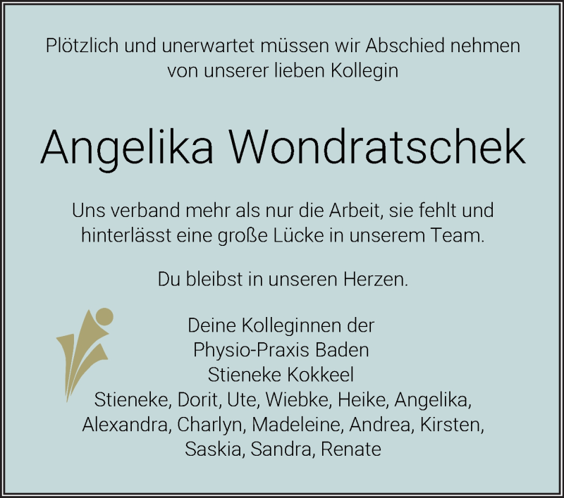 Traueranzeige von Angelika Wondratschek von WESER-KURIER