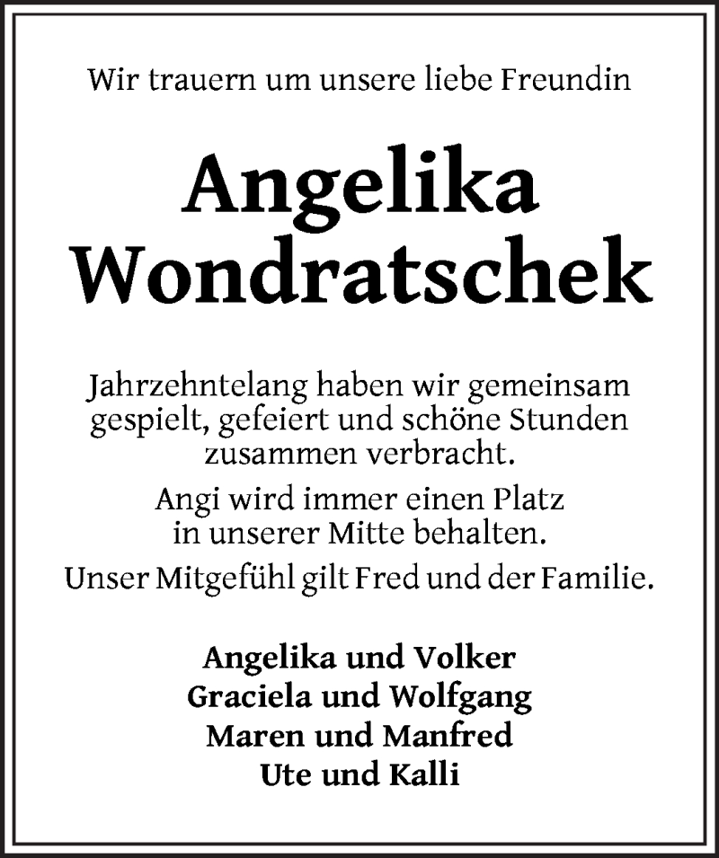 Traueranzeige von Angelika Wondratschek von WESER-KURIER