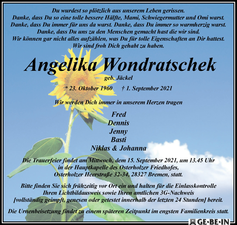Traueranzeige von Angelika Wondratschek von WESER-KURIER