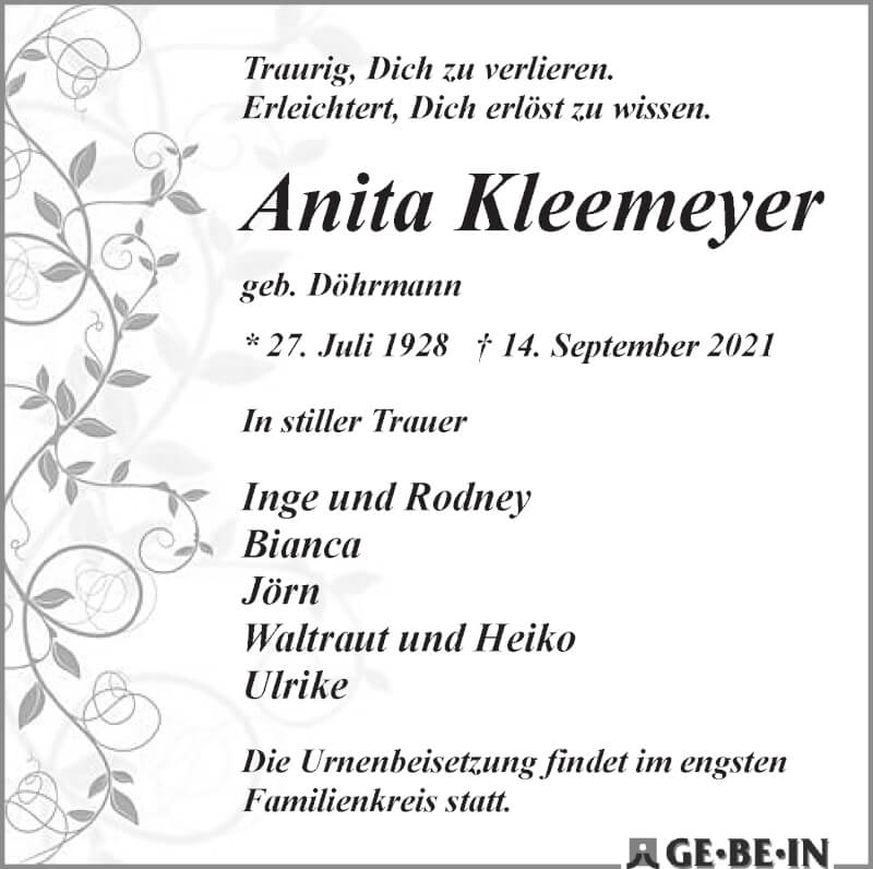 Traueranzeige von Anita Kleemeyer von WESER-KURIER