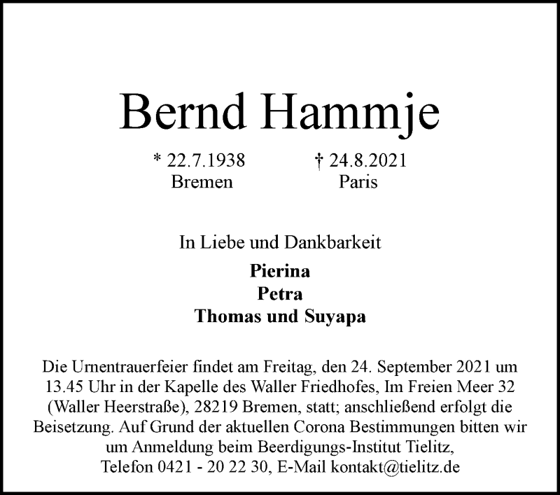 Traueranzeige von Bernd Hammje von WESER-KURIER