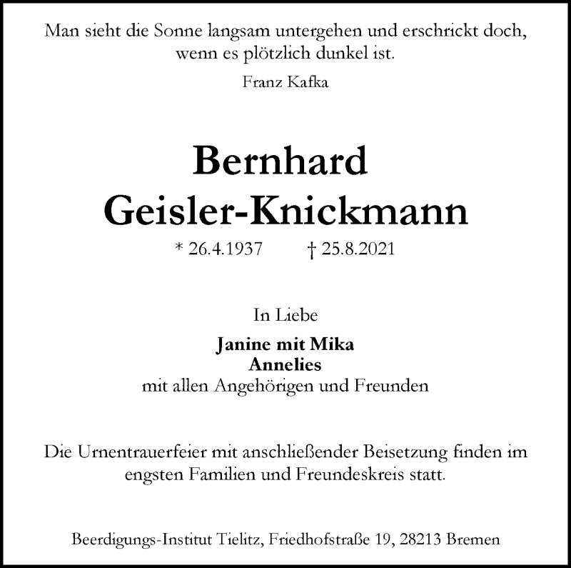 Traueranzeige von Bernhard Geisler-Knickmann von WESER-KURIER