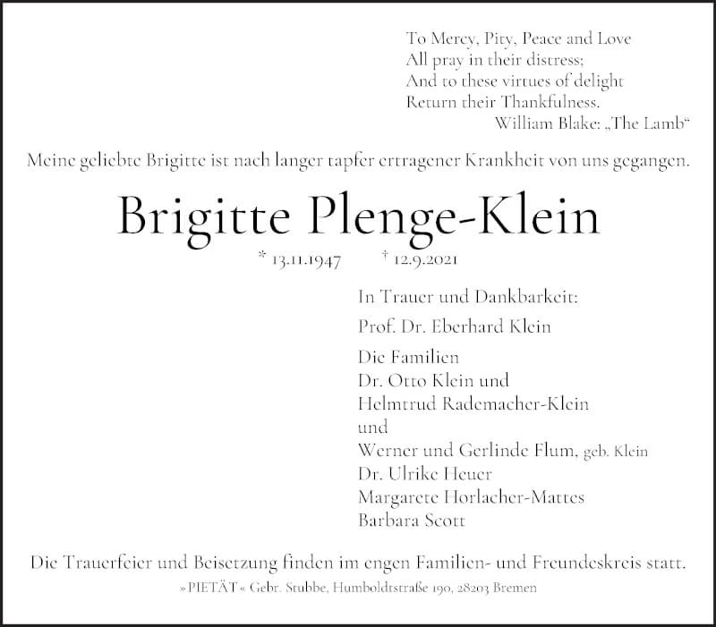 Traueranzeige von Brigitte Plenge-Klein von WESER-KURIER