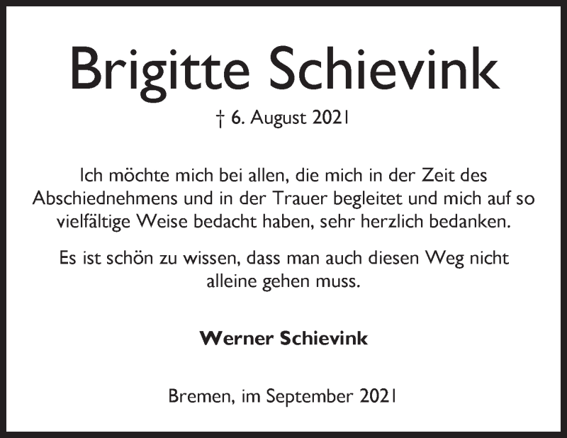Traueranzeige von Brigitte Schievink von WESER-KURIER