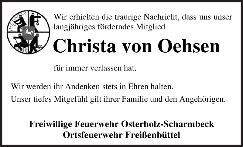 Traueranzeige von Christa von Oehsen von Osterholzer Kreisblatt