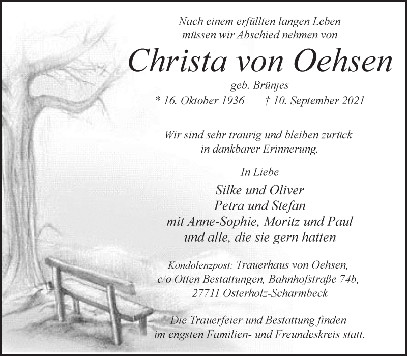 Traueranzeige von Christa von Oehsen von Osterholzer Kreisblatt