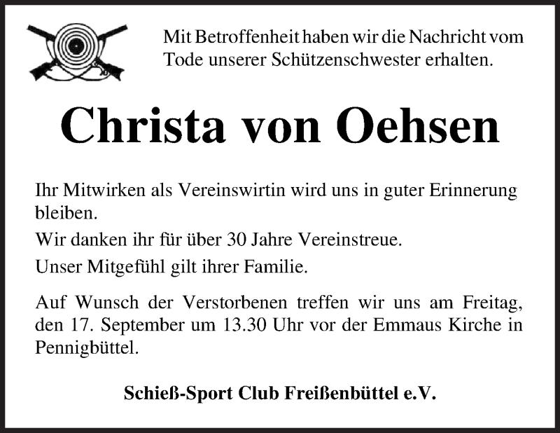 Traueranzeige von Christa von Oehsen von Osterholzer Kreisblatt