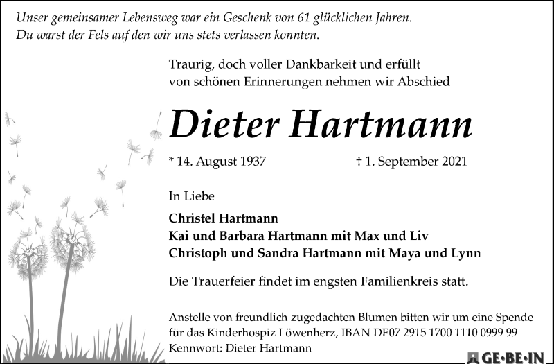 Traueranzeige von Dieter Hartmann von WESER-KURIER