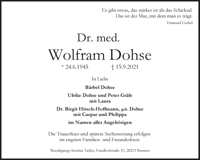 Traueranzeige von Dr. med. Wolfram Dohse von WESER-KURIER
