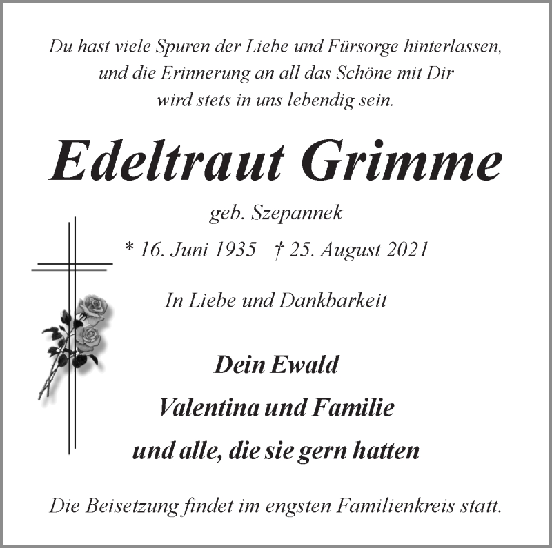 Traueranzeige von Edeltraut Grimme von WESER-KURIER