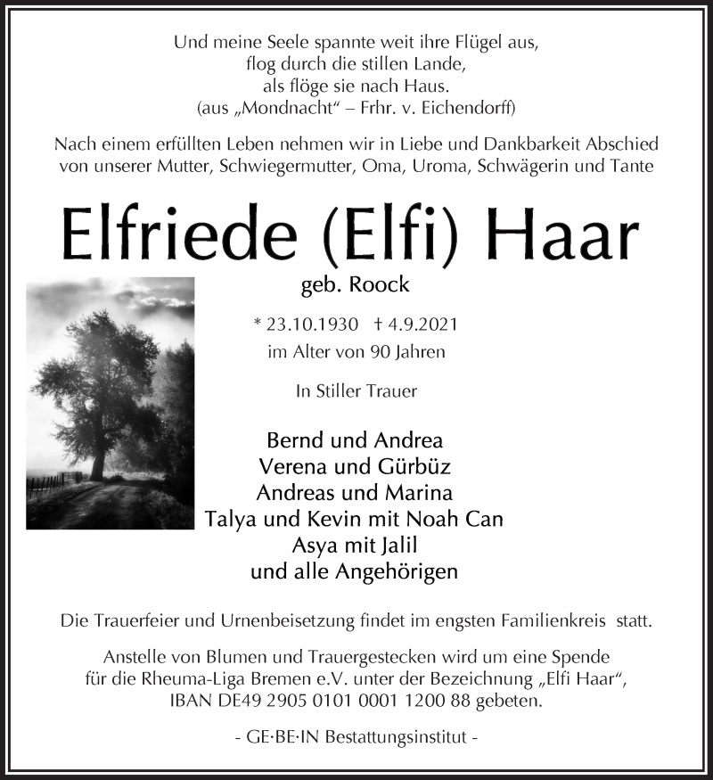 Traueranzeige von Elfriede Haar von WESER-KURIER