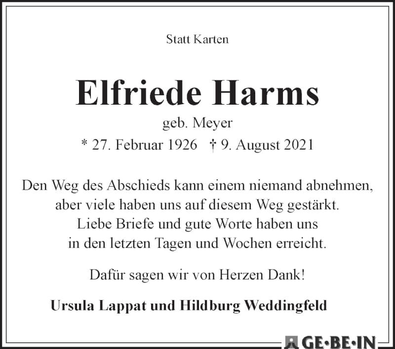 Traueranzeige von Elfriede Harms von WESER-KURIER
