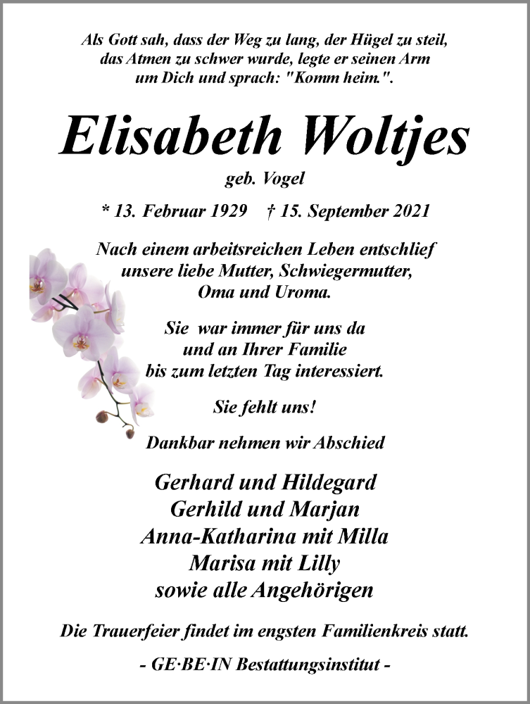Traueranzeige von Elisabeth Woltjes von WESER-KURIER