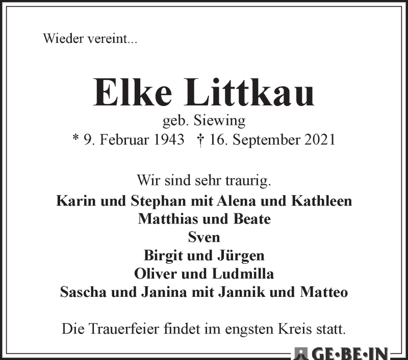 Traueranzeige von Elke Littkau von Wuemme Zeitung