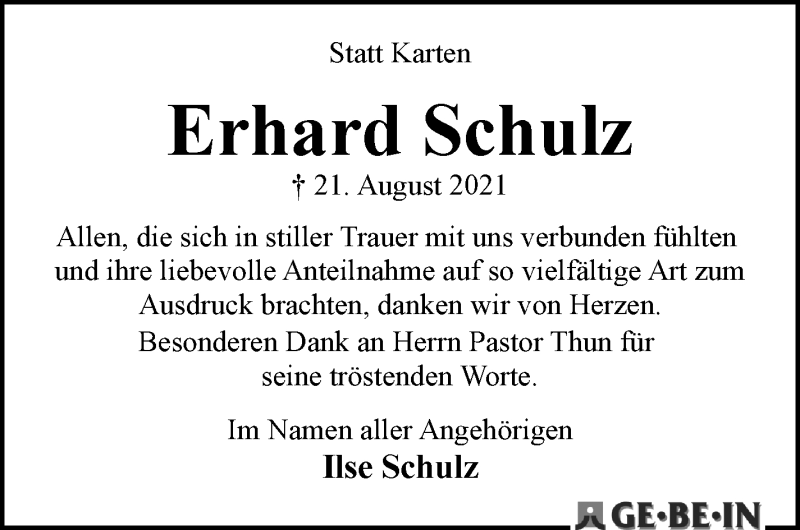 Traueranzeige von Erhard Schulz von WESER-KURIER