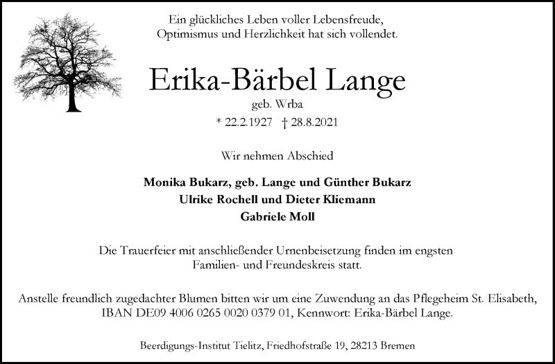 Traueranzeige von Erika-Bärbel Lange von WESER-KURIER