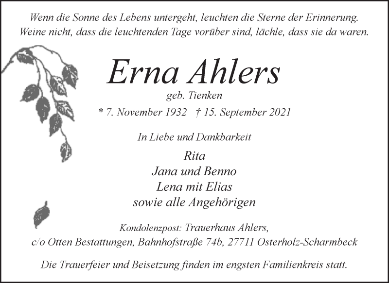 Traueranzeige von Erna Ahlers von Osterholzer Kreisblatt