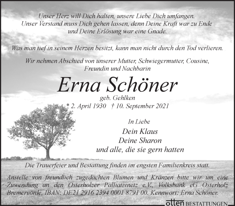 Traueranzeige von Erna Schröder von Osterholzer Kreisblatt