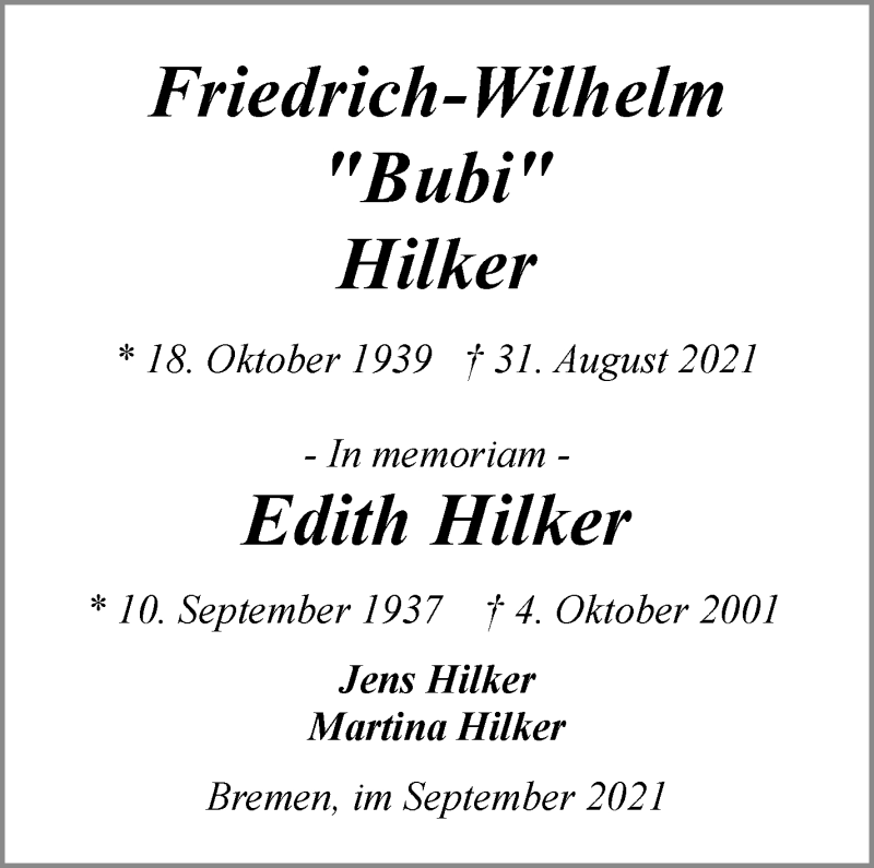 Traueranzeige von Friedrich-Wilhelm Hilker von WESER-KURIER