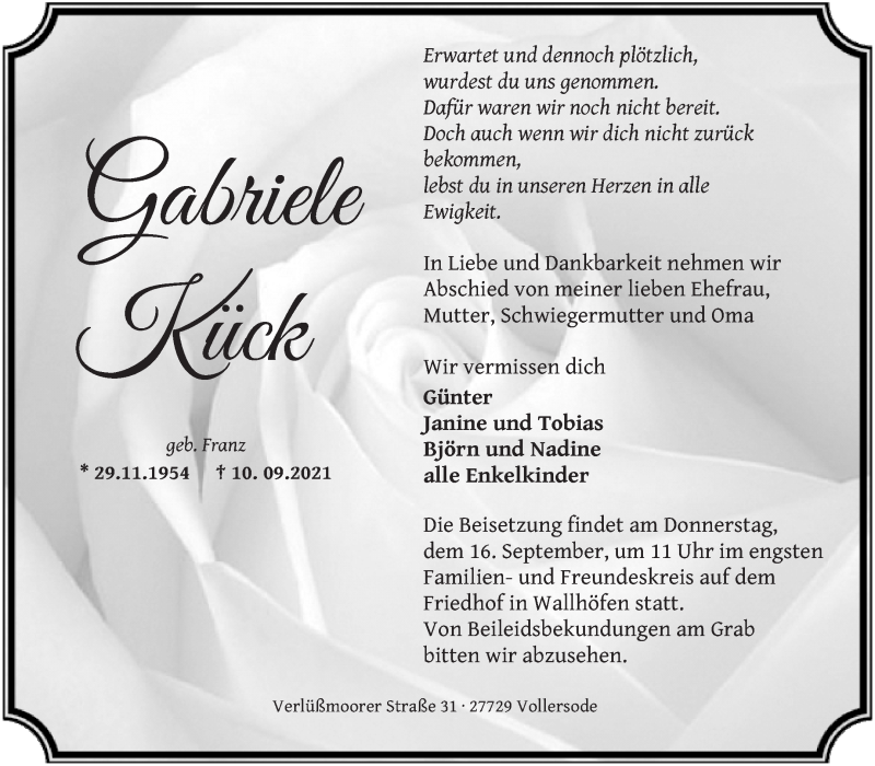 Traueranzeige von Gabriele Kück von Osterholzer Kreisblatt