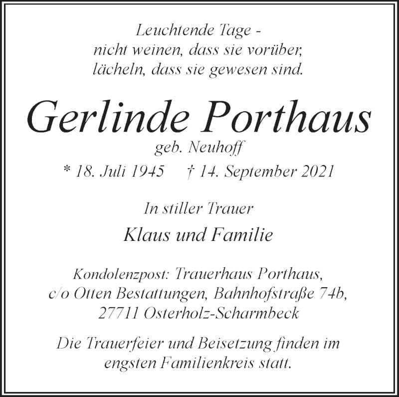 Traueranzeige von Gerlinde Porthaus von Osterholzer Kreisblatt