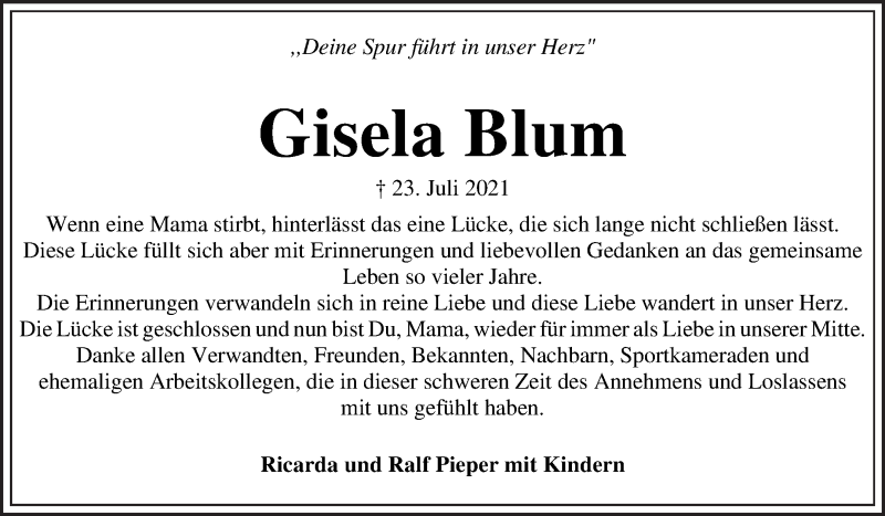 Traueranzeige von Gisela Blum von Die Norddeutsche