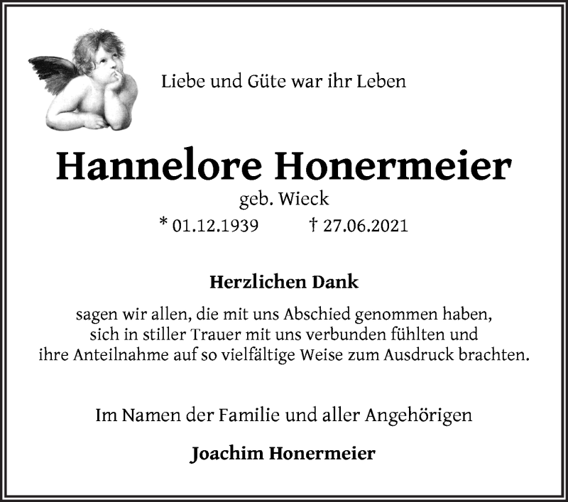 Traueranzeige von Hannelore Honermeier von WESER-KURIER
