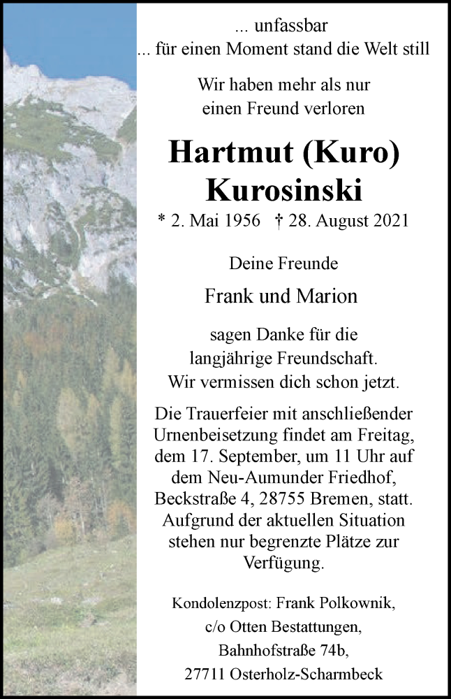 Traueranzeige von Hartmut Kurosinski von Die Norddeutsche