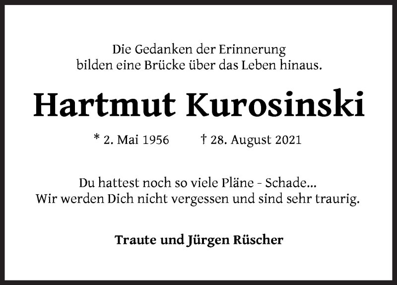Traueranzeige von Hartmut Kurosinski von Die Norddeutsche