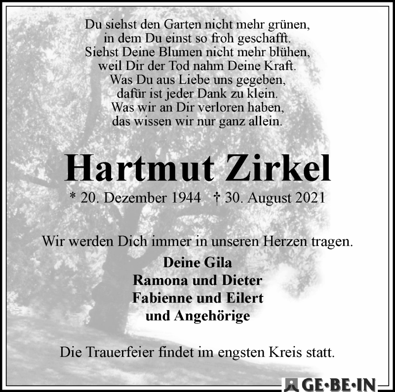 Traueranzeige von Hartmut Zirkel von WESER-KURIER