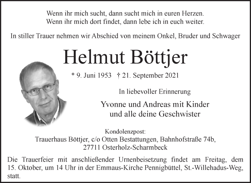 Traueranzeige von Helmut Böttjer von Osterholzer Kreisblatt