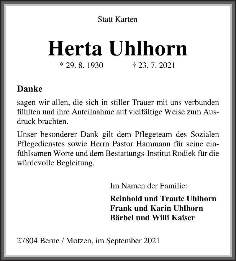 Traueranzeige von Herta Uhlhorn von Die Norddeutsche