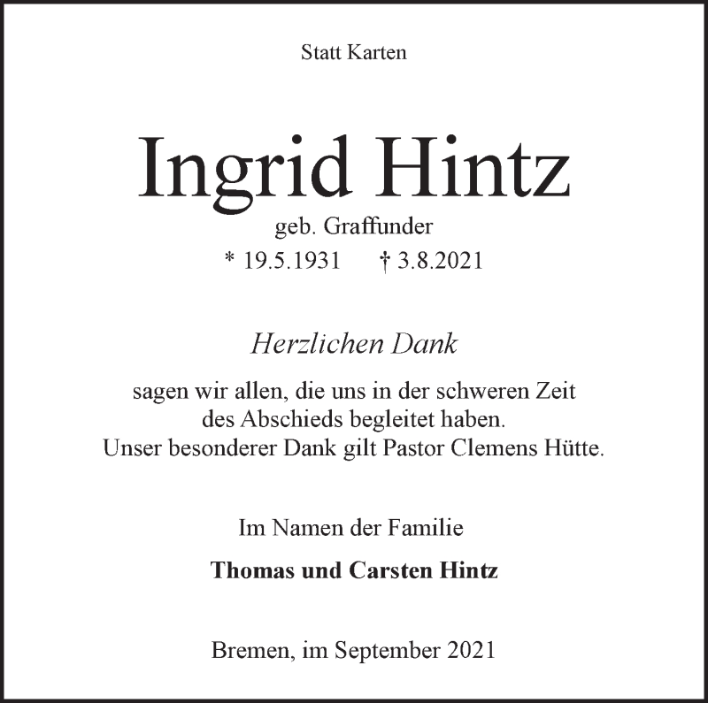 Traueranzeige von Ingrid Hintz von WESER-KURIER