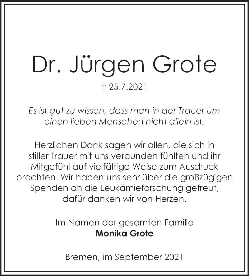 Traueranzeige von Jürgen Grote von WESER-KURIER