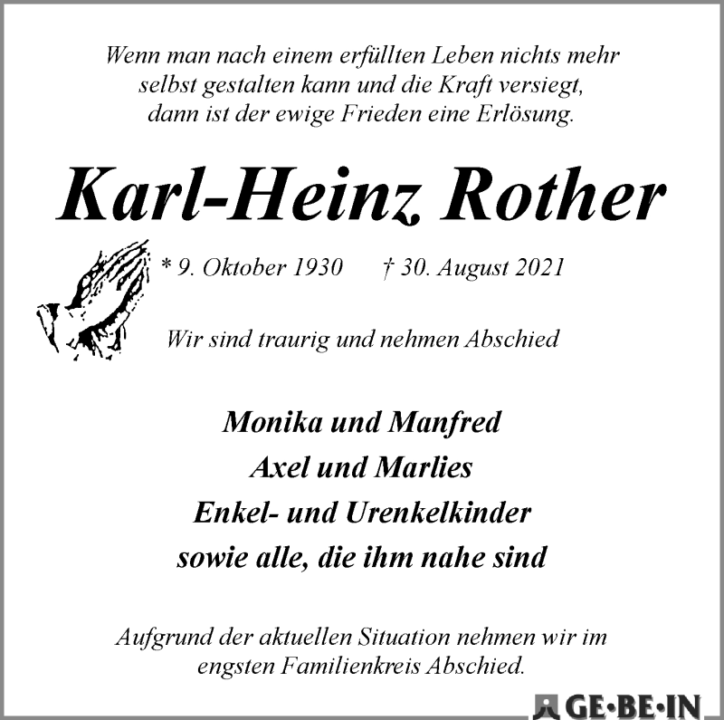 Traueranzeige von Karl-Heinz Rother von WESER-KURIER